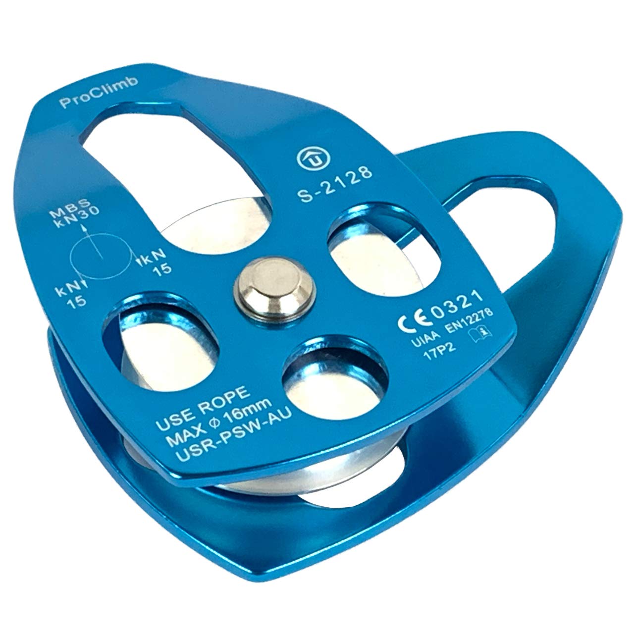 Polea de cuerda de aluminio de 30 kN con placa oscilante, certificado CE/UIAA, polea individual (azul) - Cuerda de 5/8 pulgadas