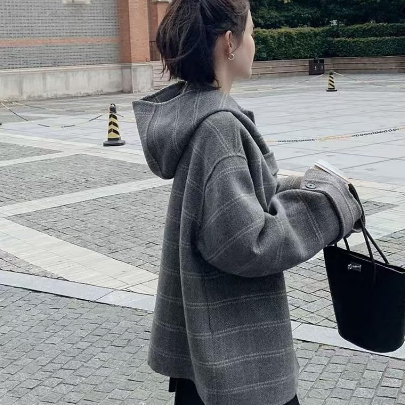 utcoco Women Oversized Plaid Wool Coats Winter Warm Thicken Hooded Pea Coat Trench Overcoats with Pockets4