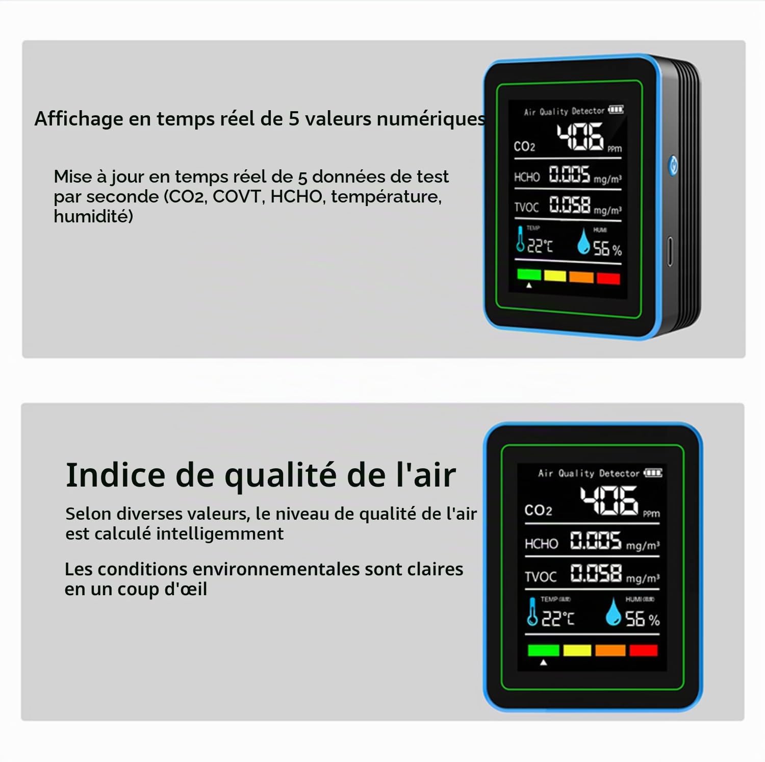 Moniteur de qualité de l'air intérieur : capteur de température et d'humidité avec CO2, TVOC, HCHO, détecteur portable professionnel 5 en 1 pour la maison, le bureau, l'école, l'hôtel