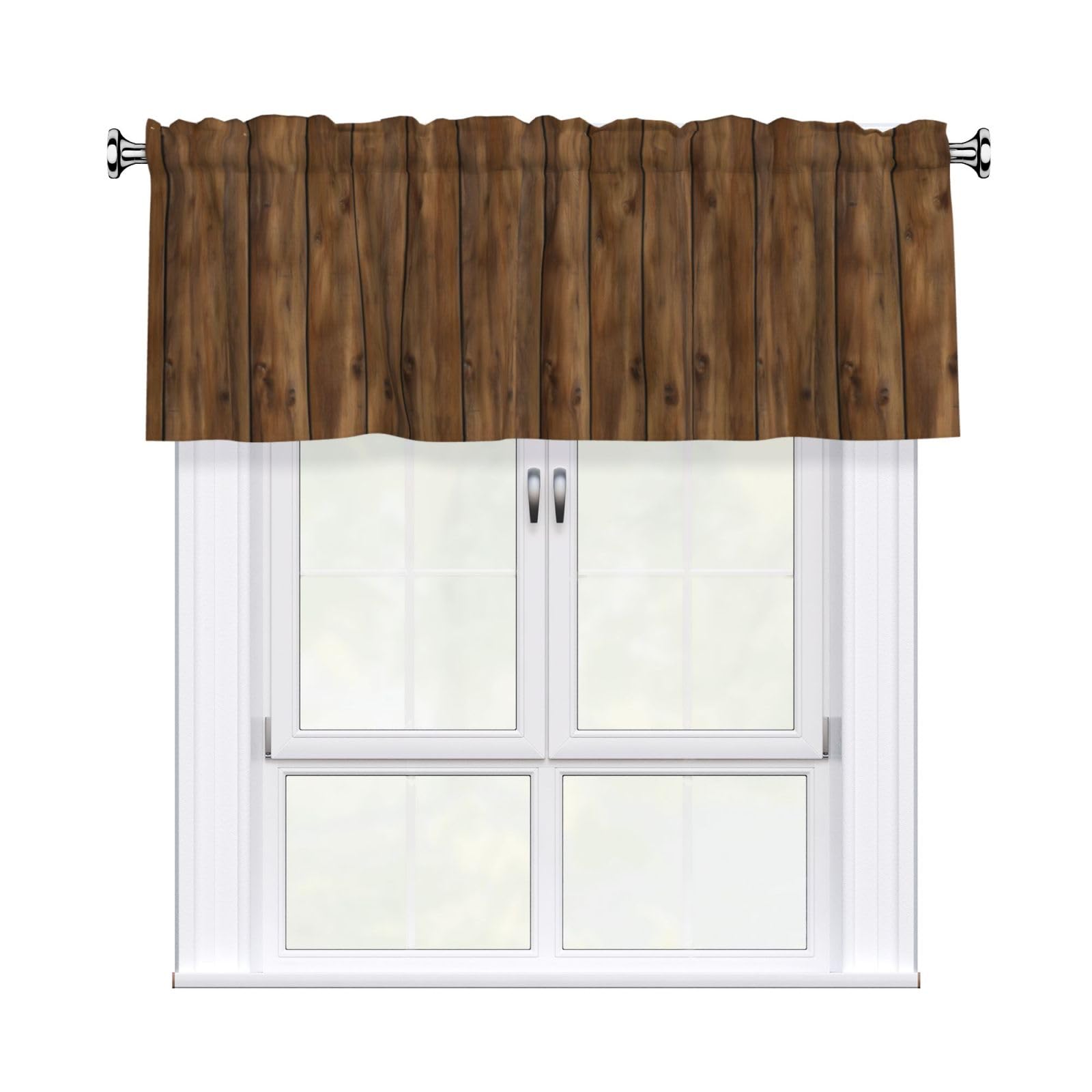 Woshuwo Vertical Teak Wood Planks Texture Valances For Windows Rod Pocket Window Treatment Short Curtains For Kitchen Living Room Bedroom Decor 54x18in
