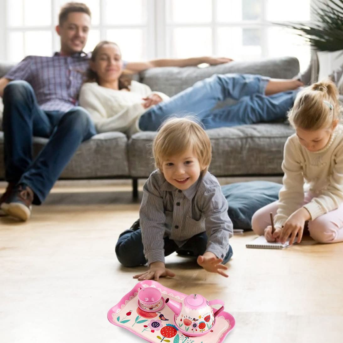 Set da tè per Bambini, Set da Gioco da 15 Pezzi con teiera, Giocattoli per Feste in Cucina, da Gioco per Bambini dai 3 Anni in su (Rosso Chiaro)