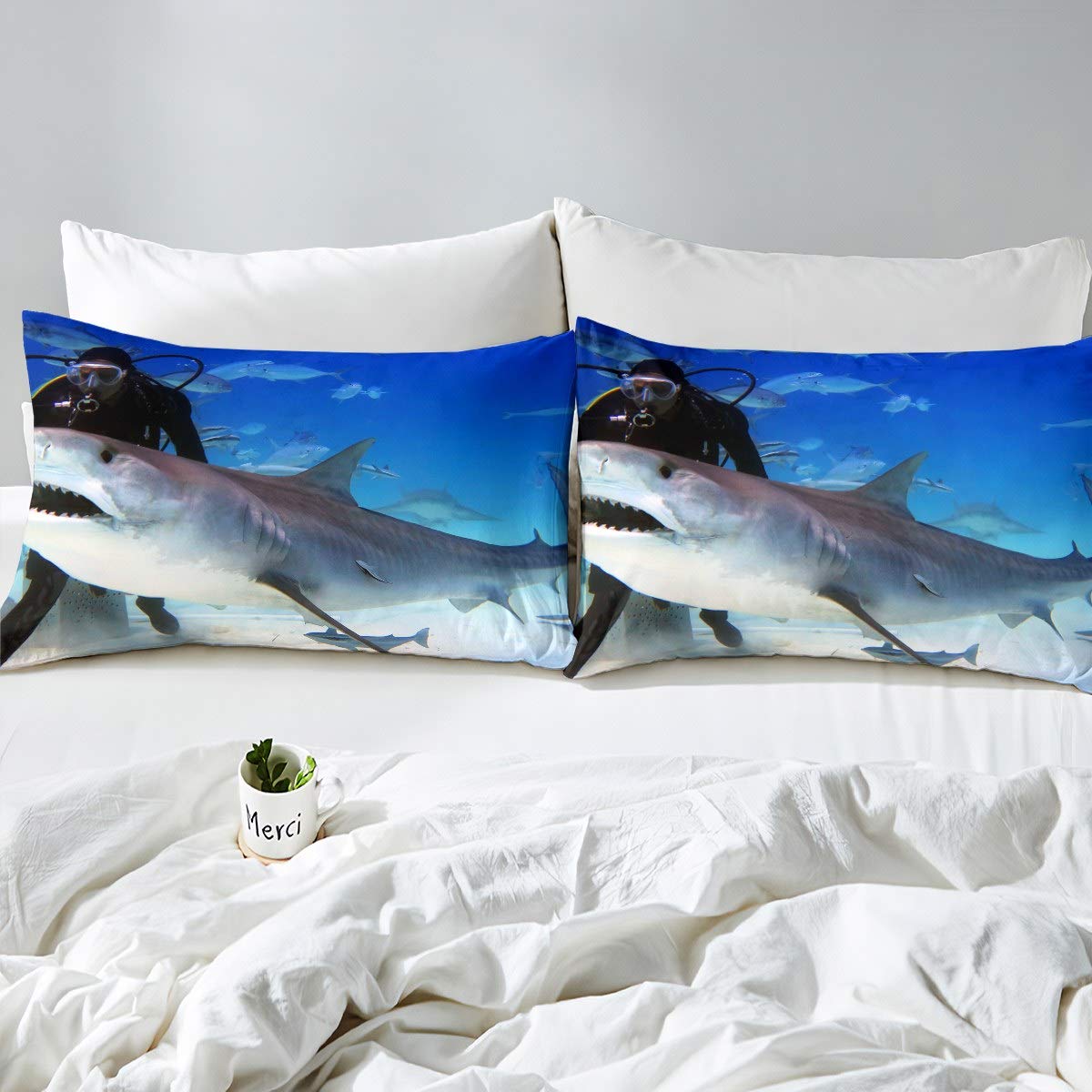Copripiumino Matrimoniale 2 Pezzi Con Pesci E Acquerello Blu, Set Letto Morbido Per Bambini E Ragazzi, Idea Regalo Originale