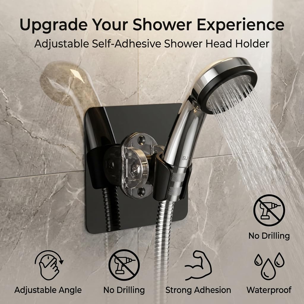 Vihax Adjustable Self Adhesive Shower Head Holder | Wall Mounted Handheld Shower Bracket | Drill-Free Showerhead Stand, Waterproof Bathroom Shower Holder | Punch-Free Bathroom Accessory, Black 1
