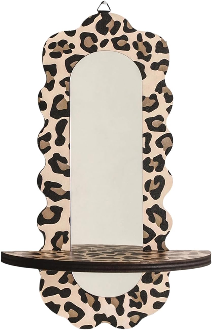 Leopards Print Floating Shelf Wood Wall Mounted Storage Rack with Acrylic Mirrored Book Plant Display Organizers Home Decors Decorative Wall Shelf