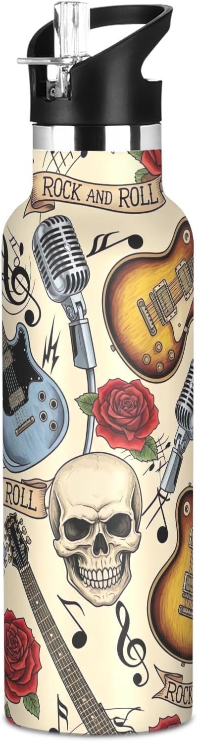 Kids Water Bottle for School 20 Oz, Kids Stainless Steel Water Bottle for Travel or School, BPA-Free, Vintage Guitars Skulls Red Roses