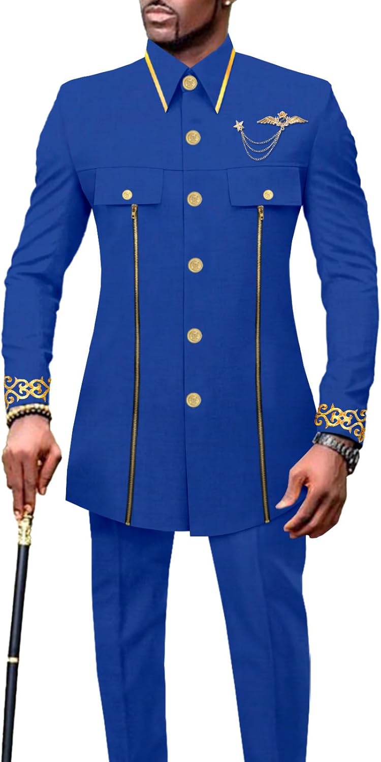 Men`s Suits African Clothes Slim Fit Embroidery Single Breasted Zip Blazer and Pants Set Formal Outfits
