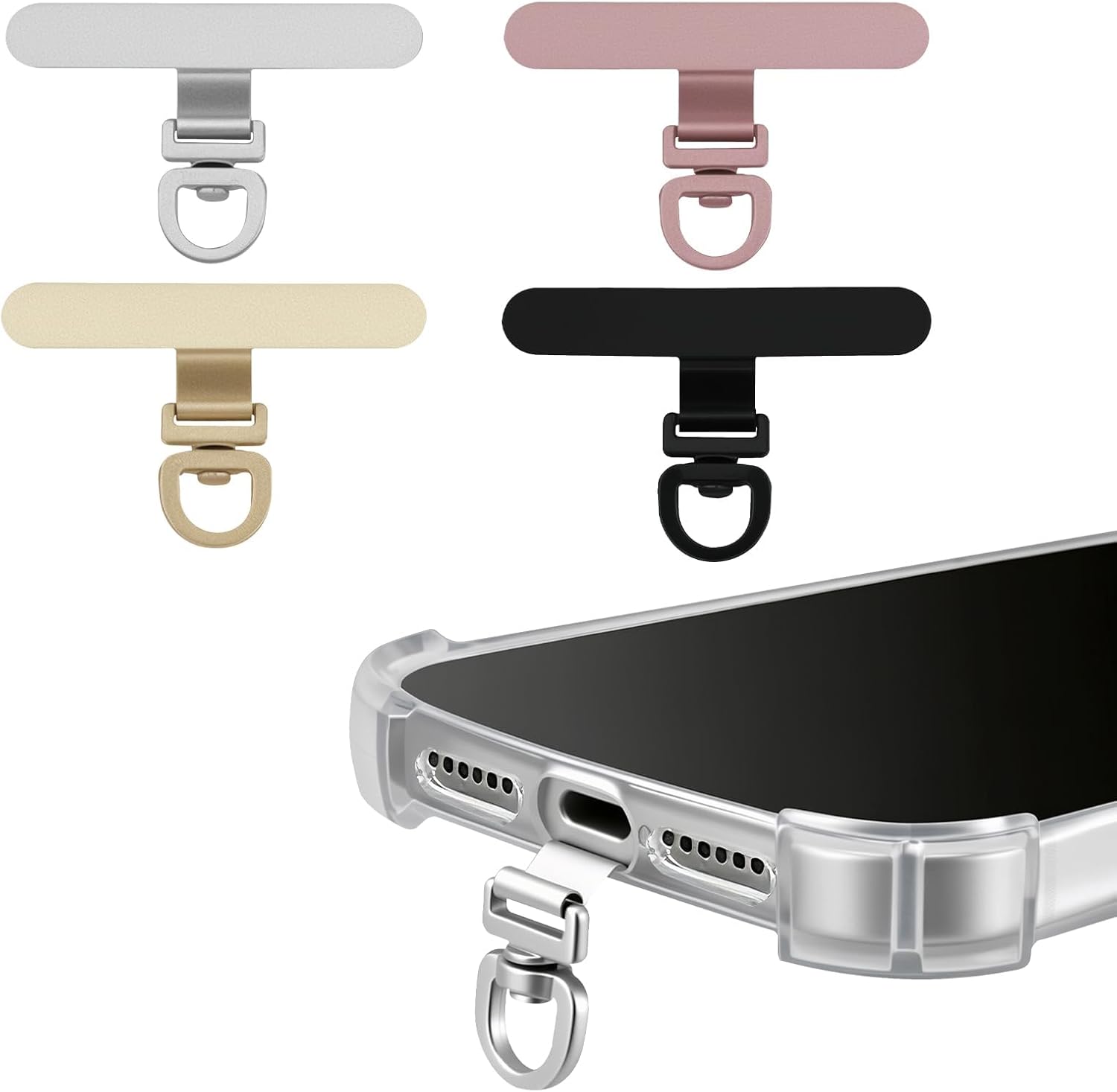 (4-Pack) 360° Rotating Stainless Steel Phone Tether Tab, Universal for Phones, Fit Wristbands, Necklaces & Crossbody Straps (Combination-A)