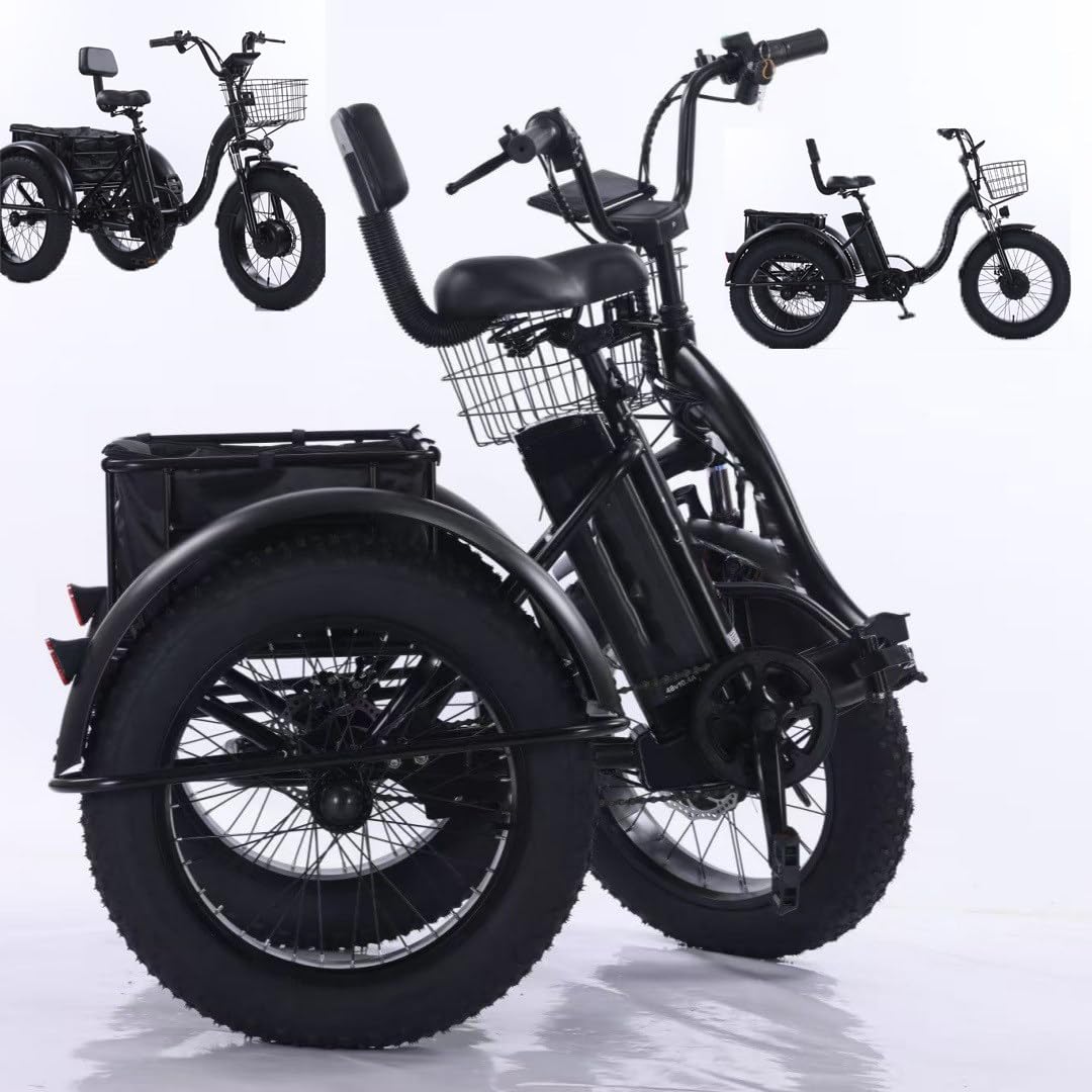 Tricycle électrique Pliable 20 Pouces, Tricycle à pédales pour Adultes avec Panier et Cadre Avant, Batterie Amovible 48 V/12 Ah - autonomie 35 km, Temps de Charge : 5 Heures