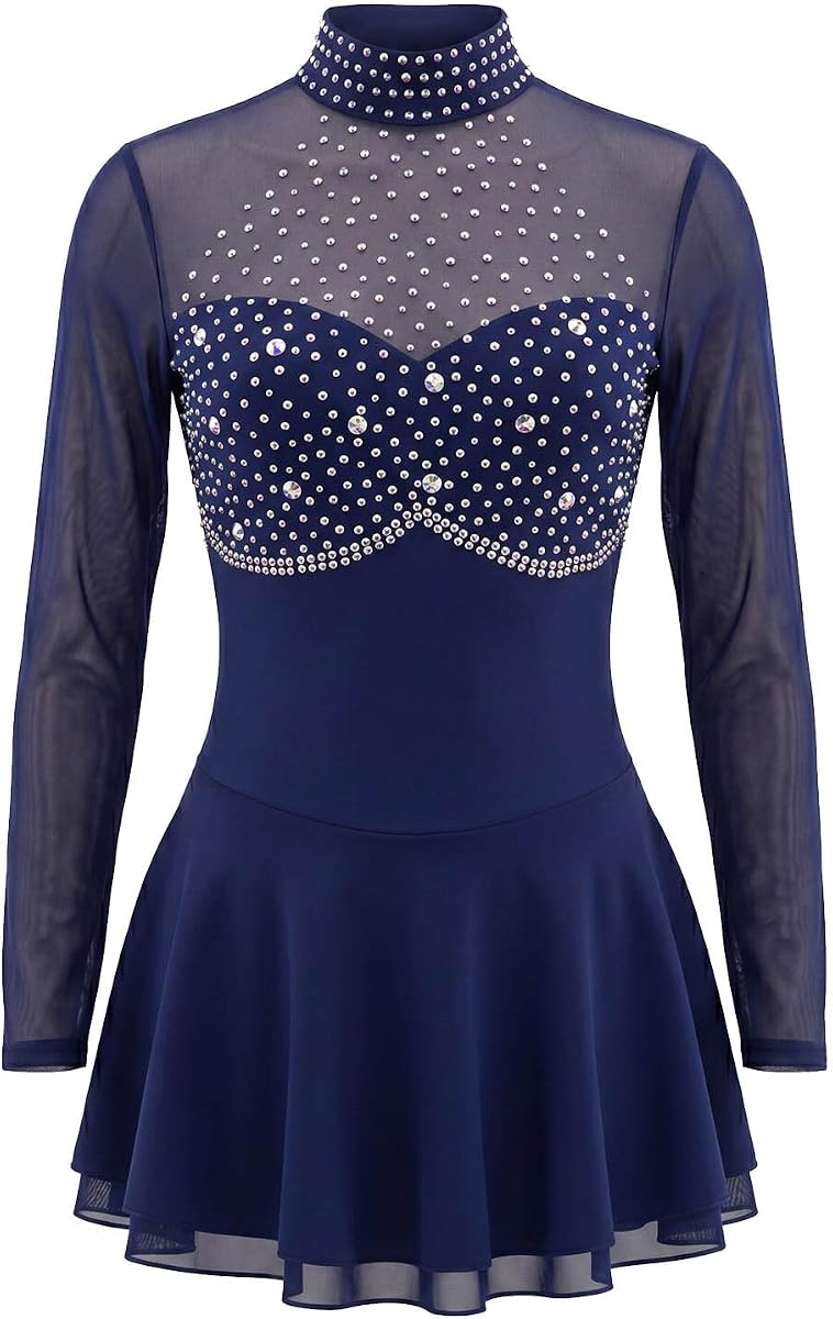 LIUHUO Elegant Ice Figure Skating Dress Girls Women | Rhinestone, Long Sleeve, High Neck, Sparkle Performance Dress for Training Competition, Comfort Ventilate Elastic