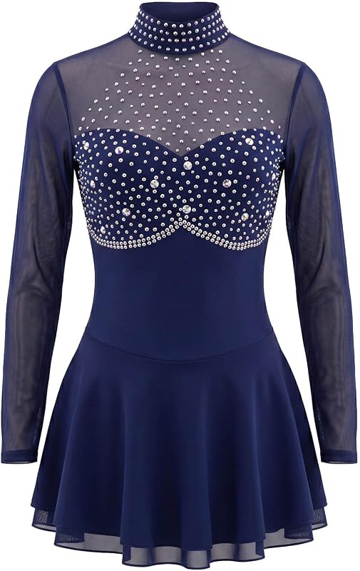 LIUHUO Elegant Ice Figure Skating Dress Girls Women | Rhinestone, Long Sleeve, High Neck, Sparkle Performance Dress for Training Competition, Comfort Ventilate Elastic