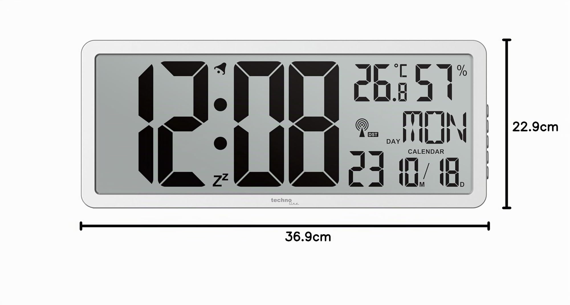 Technoline WS 8135 Funkwanduhr mit DCF77 Funkuhr | XXL LCD Display | Innentemperatur & Luftfeuchtigkeit | Kalender mit Wochentag | Wecker mit Snooze | Wand- und Tischuhr | 24/12h Anzeige