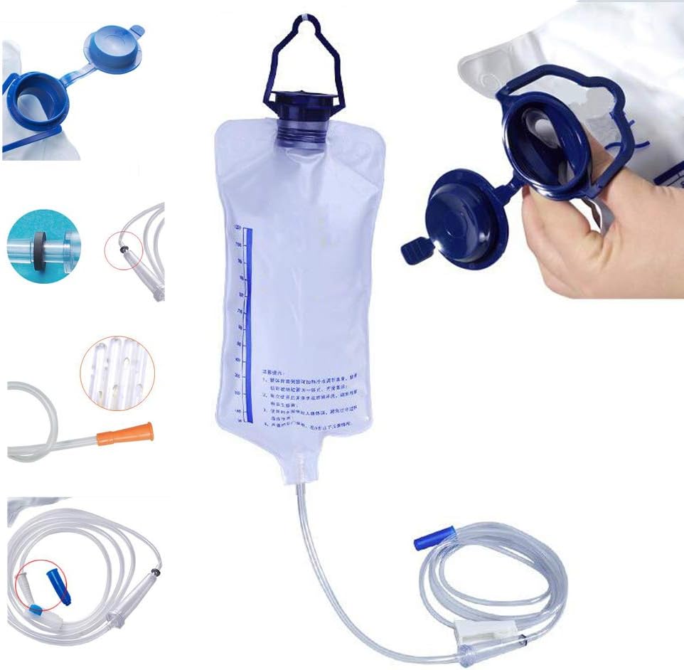 Reusable Enema Bag Kit, 1.2L Silicone Enema Bag for Colon Enema Bag Cleansing Kit Travel Enema Bags with Silicone Hose and 10 Clean Head