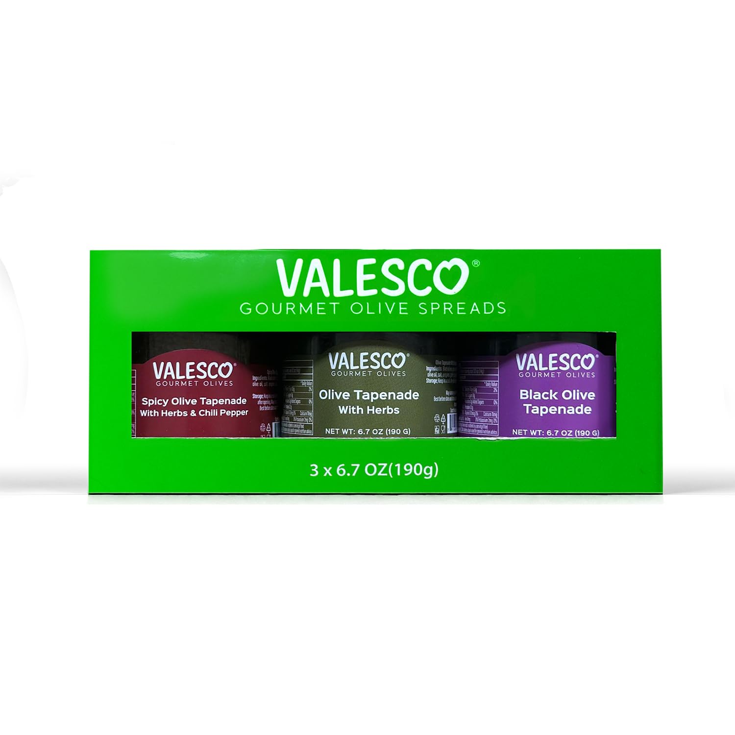 VALESCO Olive Tapenade Variety Pack - Spicy, Herb, and Black Olive Tapenades for Dips, Spreads, and Bruschetta (6.7 fl oz each)