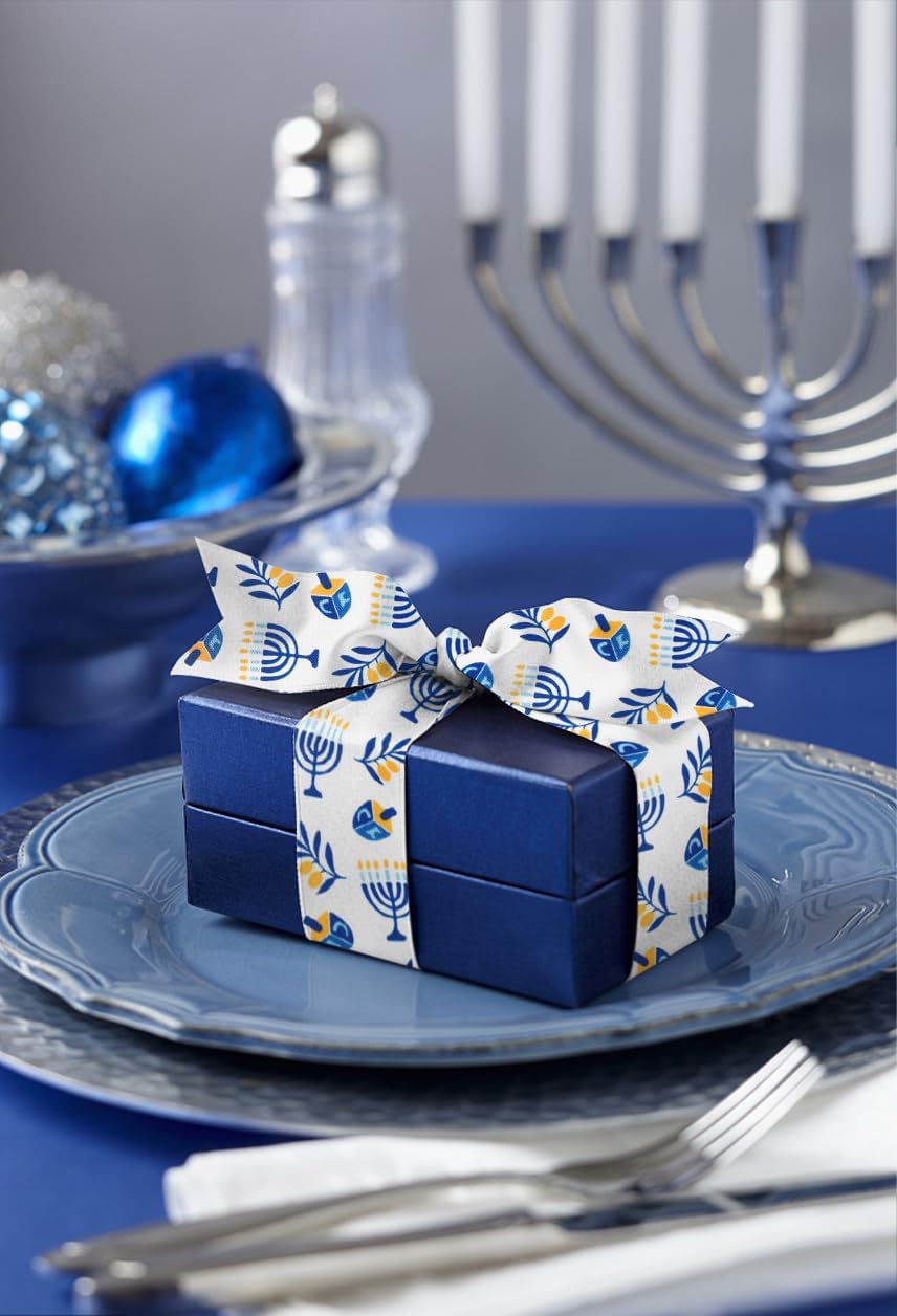 2 Rolls Hanukkah Ribbon for Wreath Bows Wrapping Gifts, White Blue Chanukah Star of David Menorah Ribbons for Gift Wrapping Party Decoration DIY Crafts 2.5" X 10 Yards Hanukkah Wired Ribbon image 3