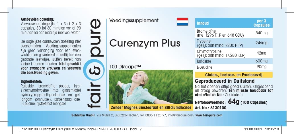 Fair & Pure® - Curenzym Plus 100 con bromelina, tripsina, quimotripsina y rutósido - Enzimas digestivas - 100 Cápsulas