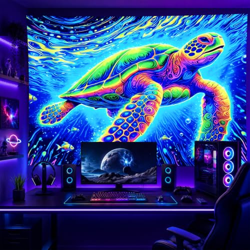 Image of BlissYard Blacklight Tapestry 78x59 Inch Sea Turtle Glow in the Dark Trippy Ocean Wall Art UV Reactive Neon Psychedelic Turtle Tapestry for Bedroom Dorm Party Wall Hanging Decor