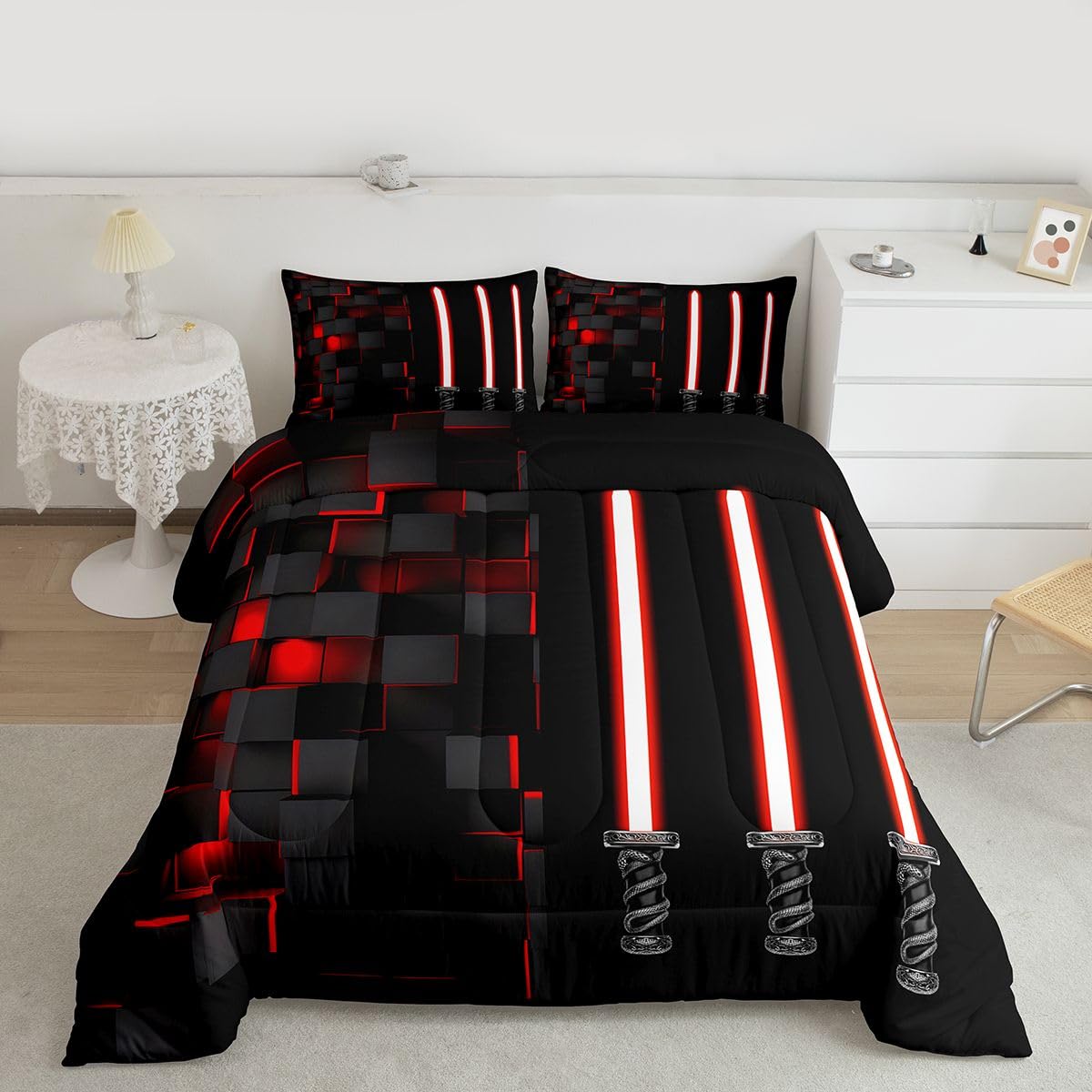 Feelyou Red and Black Comforter Set Full Size Kids Lightsaber Comforter for Boys Teens Ombre Effects Bedding Set Geometric Square Duvet Set Room Decor