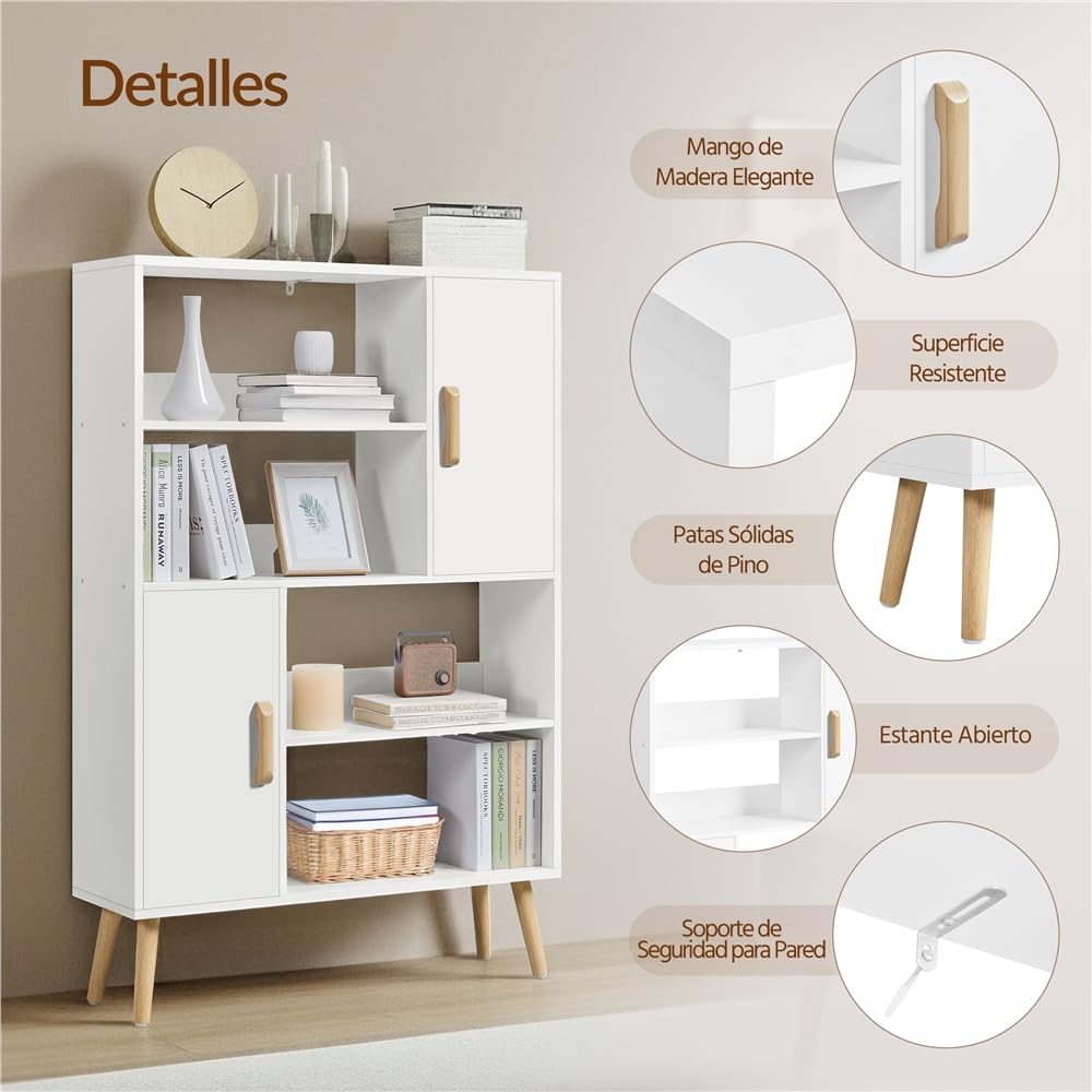Yaheetech Librería de Madera Estantería de Libros | con 2 Armarios con Puerta y 4 Estantes Abiertos Armario Auxiliar con Patas para Estudio, salón, Dormitorio, Oficina Blanco