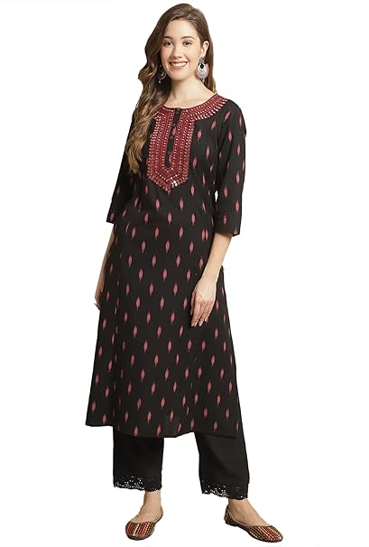 Pistaa's Women's Cotton Relaxed Fit A Line Embroid A-Line Pattern Kurta