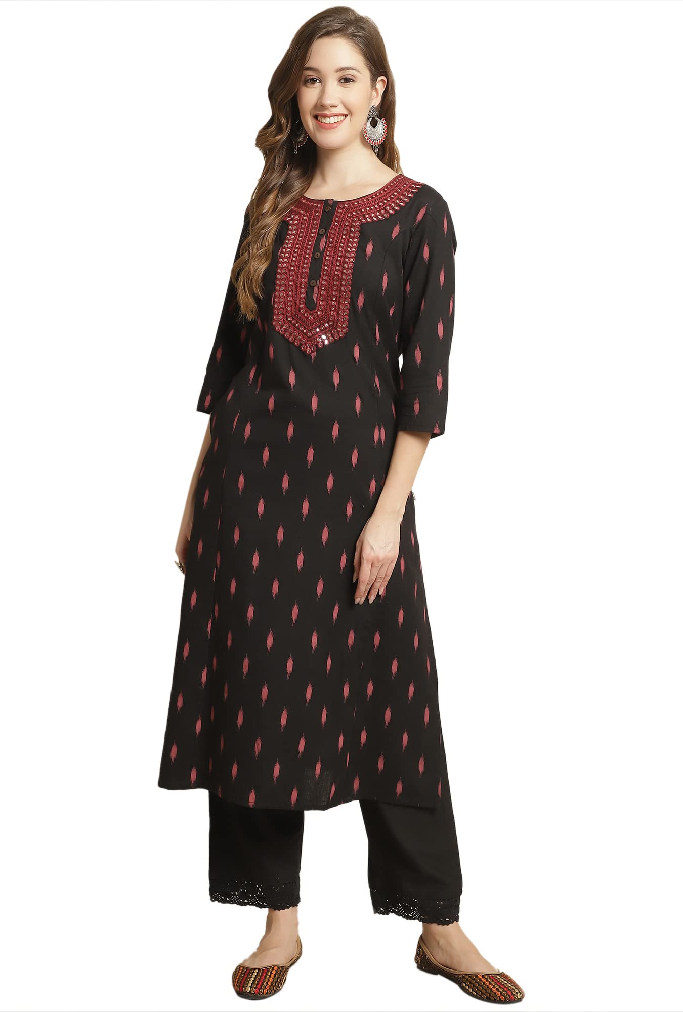 Pistaa'sWomen's Cotton Relaxed Fit A Line Embroid A-Line Pattern Kurta