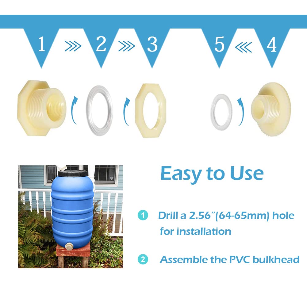 Quickun Adaptador de conector de tanque de agua de ABS de 1.5 pulgadas con tapones a través de accesorios de tubería a granel (juego de 2)
