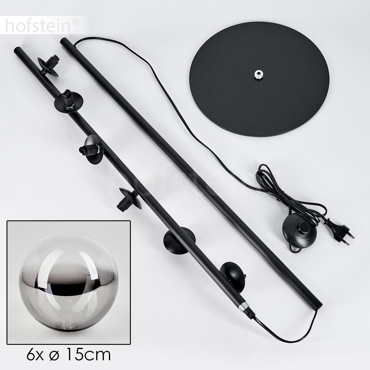 Stehleuchte Remaisnil, Stehlampe aus Metall/Glas in Schwarz/Rauchfarben/Klar, Standlampe im Retro/Vintage-Design mit Schirmen aus Glas (Ø 15 cm) u. Fußsschaler, Höhe 160 cm, 5 x G9, ohne Leuchtmittel