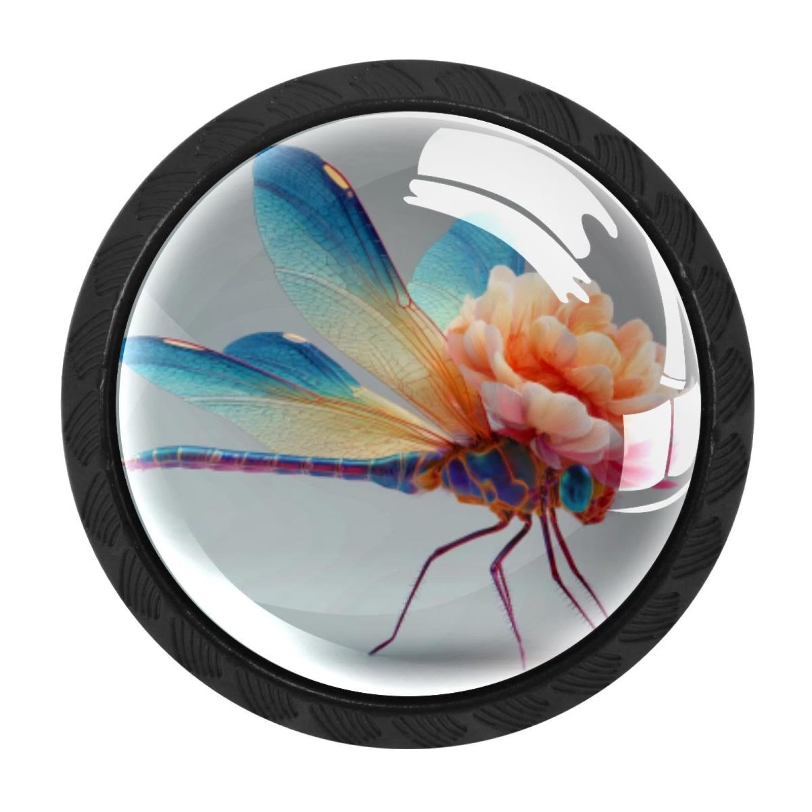 CHENZZZZ 4 Pieces Colorful Flower Dragonfly Drawer Knobs, 35mm Black Kitchen Cabinet Knobs, Drawer Pulls and Knobs, Glass Cabinet Hardware Single Hole Knob for Cabinets and Drawers Round