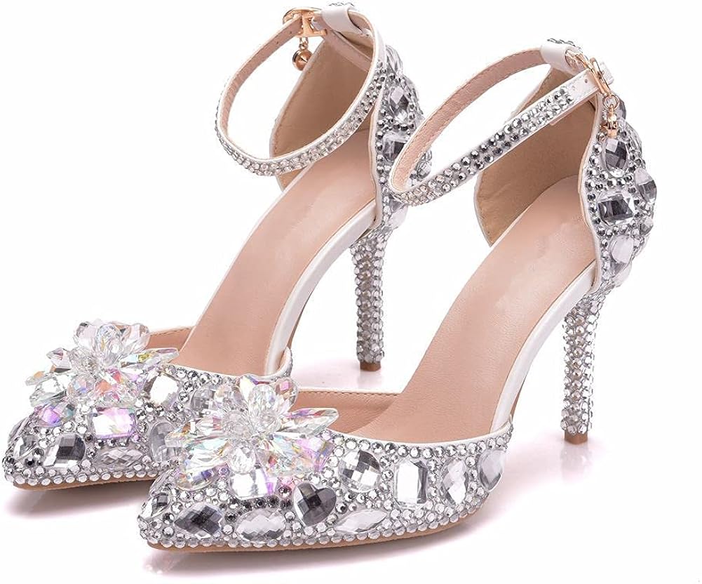 Shoudian Women 9 cm Wedding Bridal Lace Closed Toe Ankle Strap Shoes Diamond  Thin High Heel Sandals Pumps : Amazon.de: Fashion