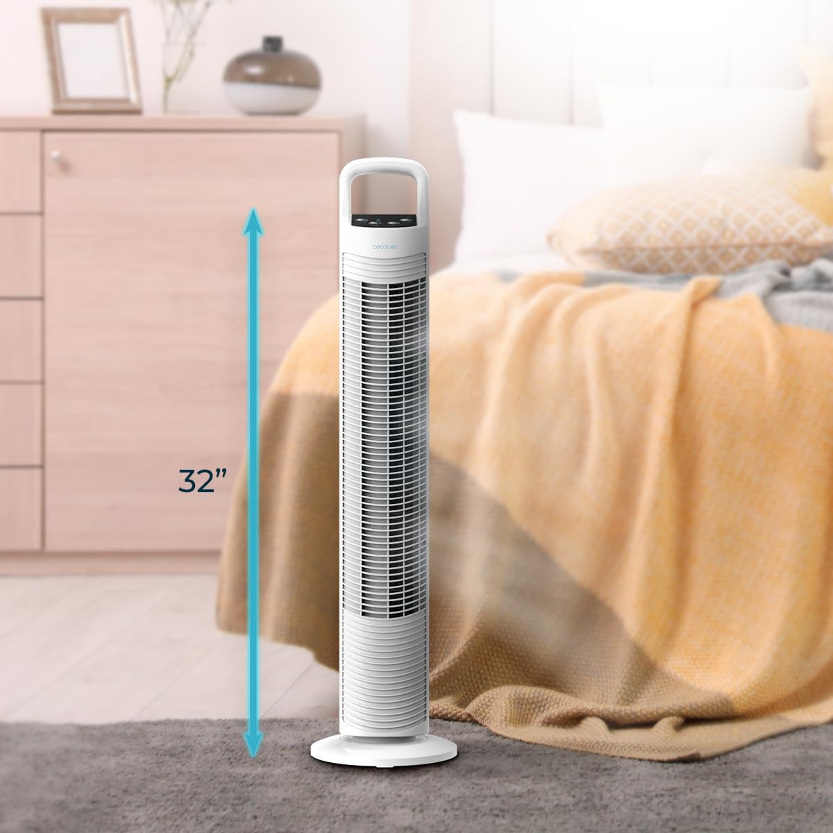 Cecotec - Ventilatore a torre con telecomando EnergySilence 790 Skyline Control. 45 W, altezza 81 cm e 3 velocità, timer, oscillazione a 70º, facilità d'uso, maniglia e massima sicurezza Altezza 32" | Telecomando Bianco - Immagine 3