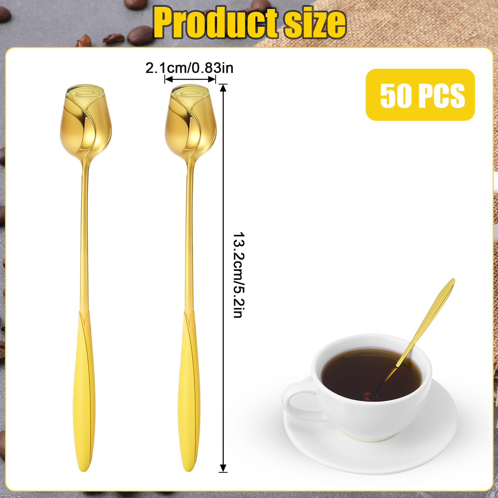 50 cucharas de té con forma de rosa para invitados, 5.2 pulgadas, mini cucharaditas de postre de flores doradas para fiesta de té, despedida de soltera, recuerdo de invitados