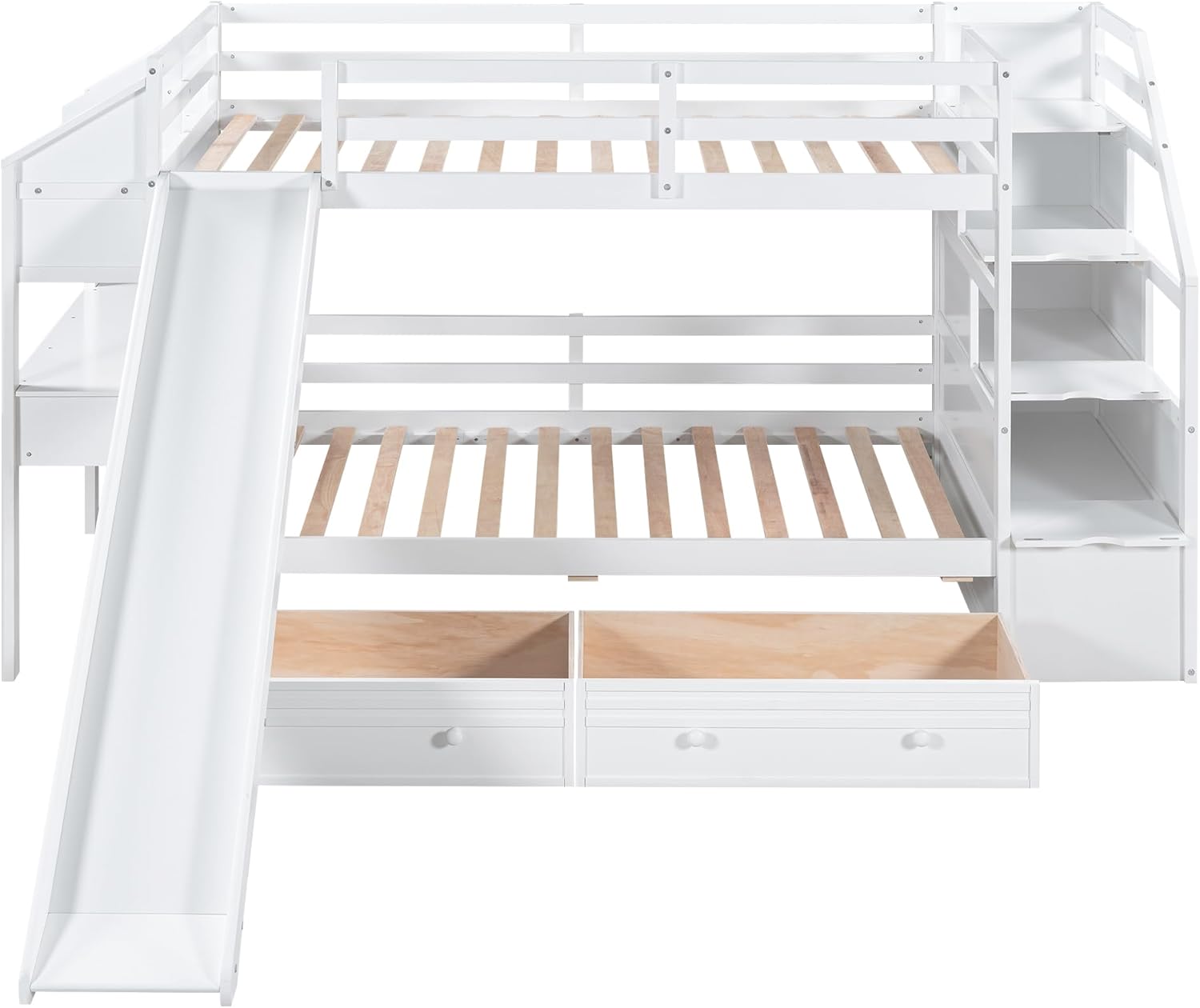 Harper & Bright Designs Twin Over Twin Bunk Bed with Stairs, Slide, Desk, Solid Wood Bunk Bed with Storage Drawers and Shelves, for Kids Girls Boys (White)