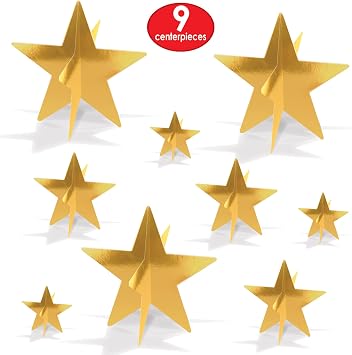 Beistle Gold 3-D Foil Star Centerpieces, 9-Count Metallic Starry Table Decorations in 3 Sizes for New Years Eve, Awards Night, Graduation, Hollywood Party, Anniversary and Celebration Events