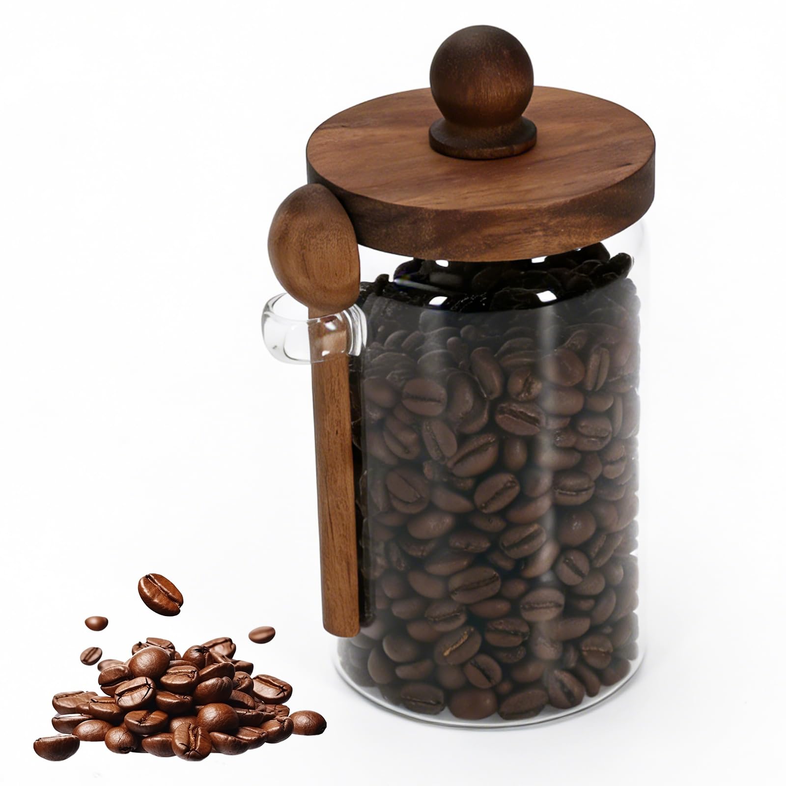 Punorric Airtight Coffee Canister - 900ml Coffee Bean Storage Jar, Glass Kitchen Canisters with Wooden Lid & Spoon for Tea,Cafe,Spices, Tea Caddy & Coffee Bar Accessories