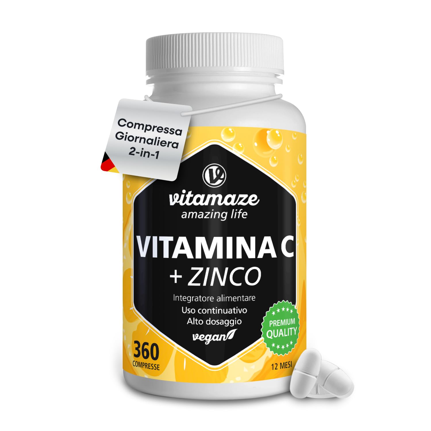 Vitamina C 1000mg (1 Anno) + Zinco + Bioflavonoidi, 360 Compresse, 1 Compresse per Giorno, Vegan Vitamina C Pura Dose Forte, Qualità Tedesca, Integratore Alimentare senza Additivi. Vitamaze®