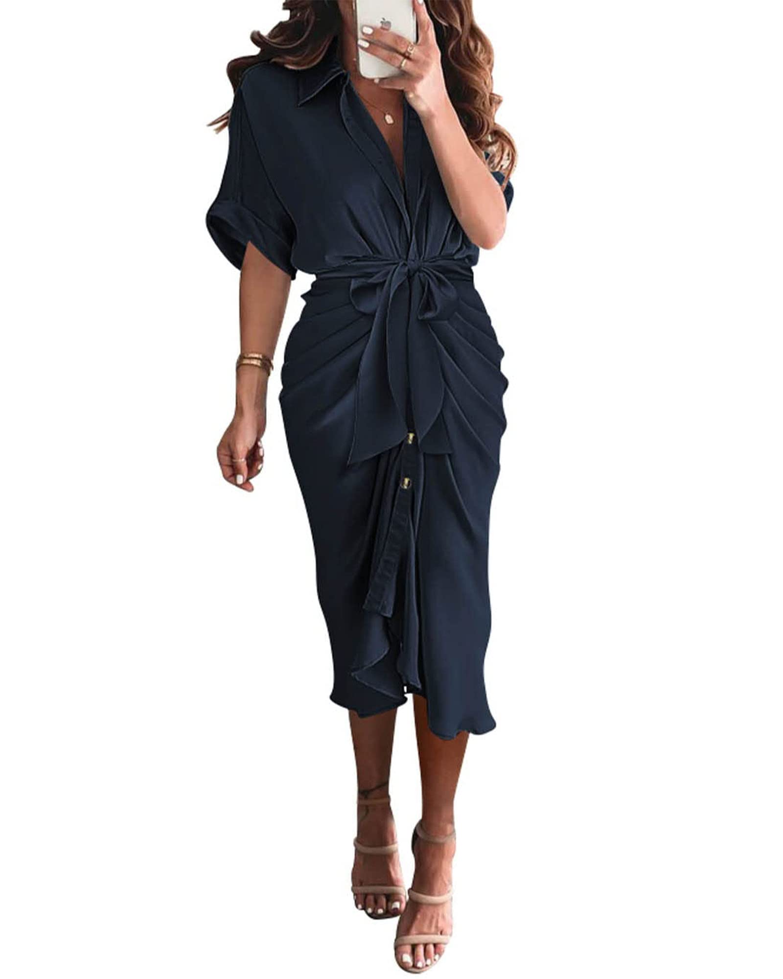 Shirt Dresses for Women Button Down Short Sleeve Satin Ruched Maxi Spring Dress 2026 Cocktail Party Wedding Guest