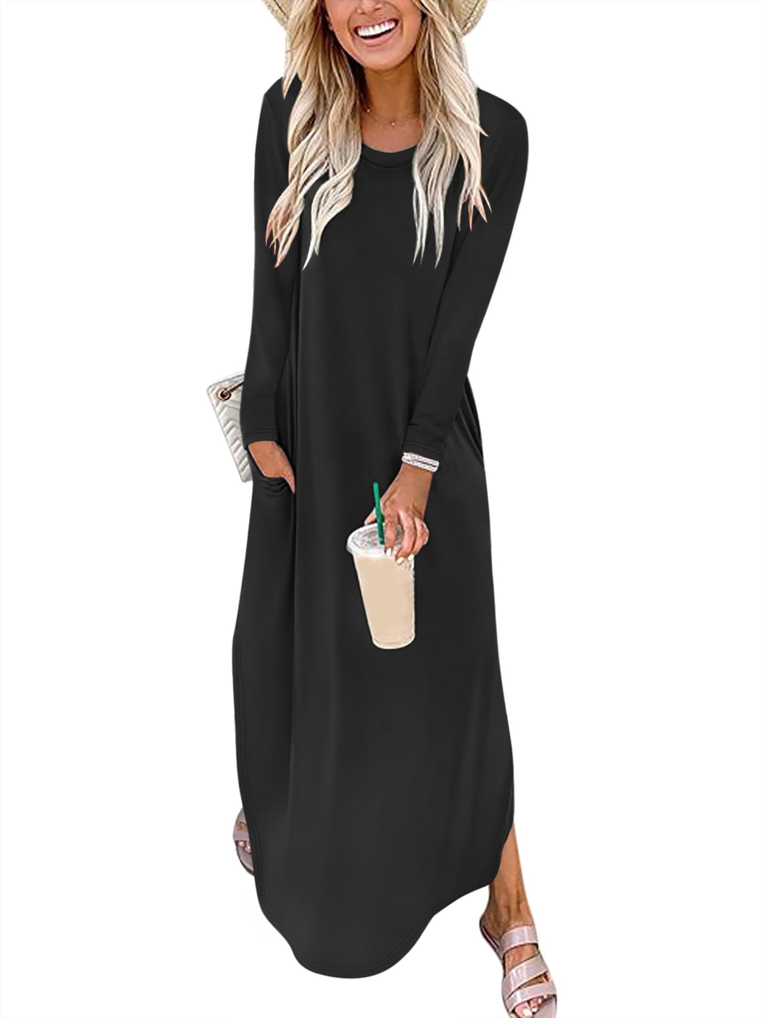 ANRABESS Womens Long Sleeve Maxi Dresses 2025 Fall Outfits Casual Loose Split Travel Vacation T Shirt Dress with