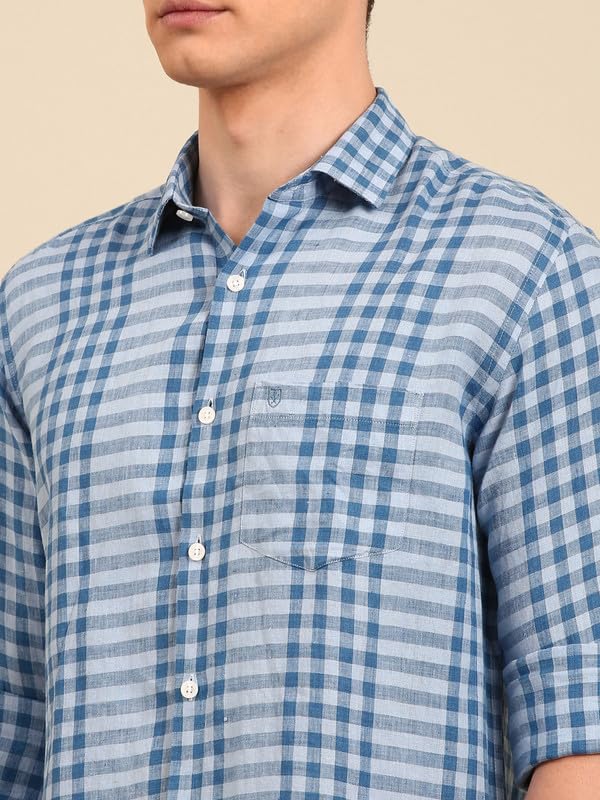 Image of Linen Club Men's Pure Linen Checked Contemporary Fit Full Sleeve Casual Shirt