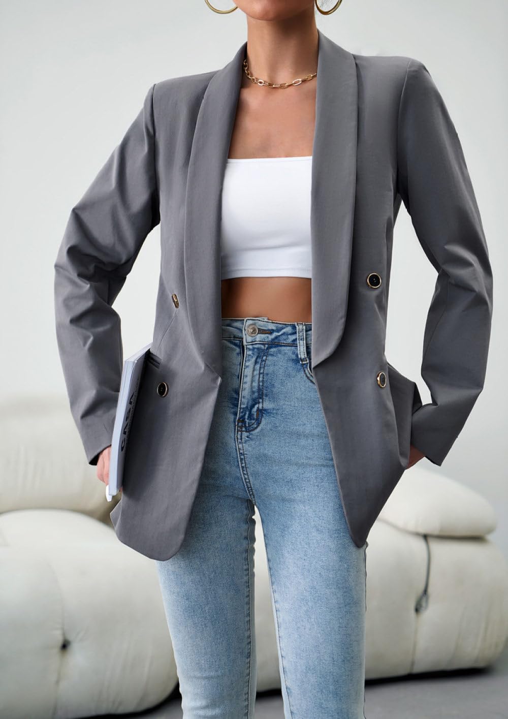 Damenanzüge,Blazer,Grau,Vorne Offen,Strickjacke,Langärmelig,Anzugjacke,Schalrevers,Knopfjacke,Oberteile,Mantel,Freizeit,Arbeit,Festlicher Blazer Anzug Mit Tasche