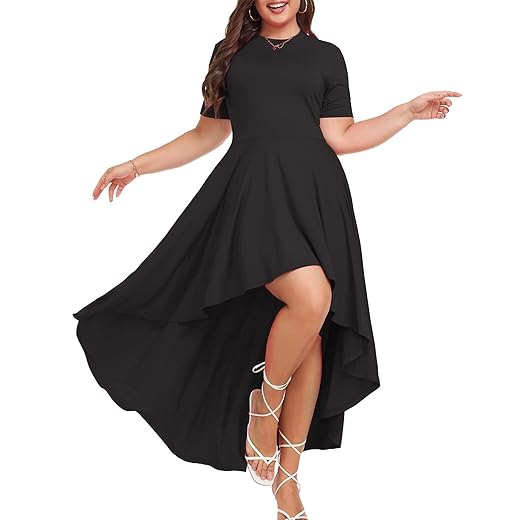 LALAGEN Plus Size Maxi Dress for Women Casual Short Sleeve Ruffle Flowy High Low Summer Long Dress Black 6X
