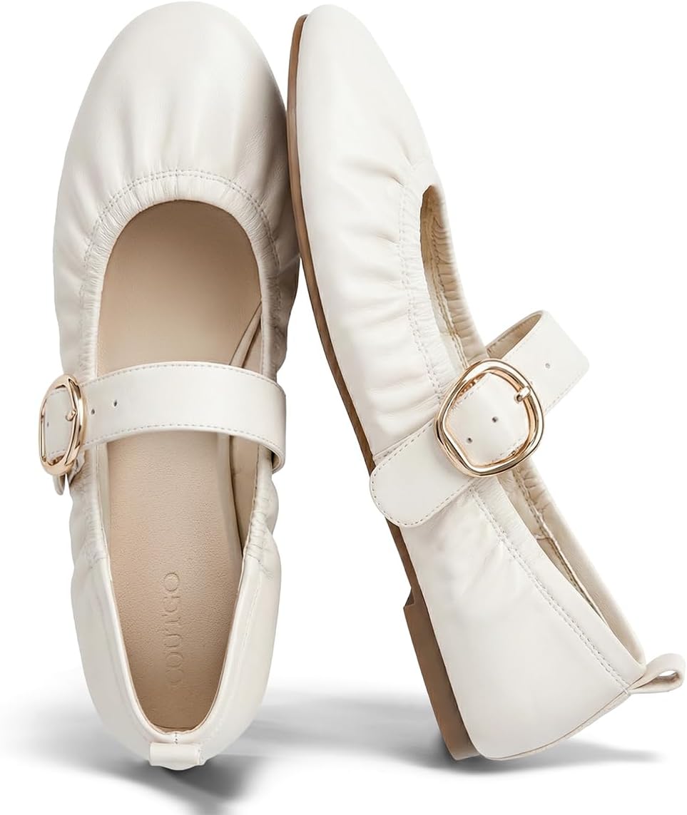 Coutgo Womens Ballet Flats Ruched Round Toe Mary Jane Flats Comfortable Slip On Dressy Shoes