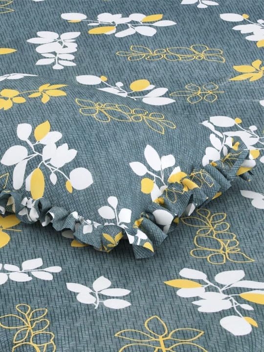 Image of King Size Fitted Bedsheet for Double Bed | 300 TC Cotton Feel Microfiber | All Around Elastic with 2 Frill Pillow Covers | Soft & Durable | (GreenYellowFrill, Fitted -60x78 Queen)