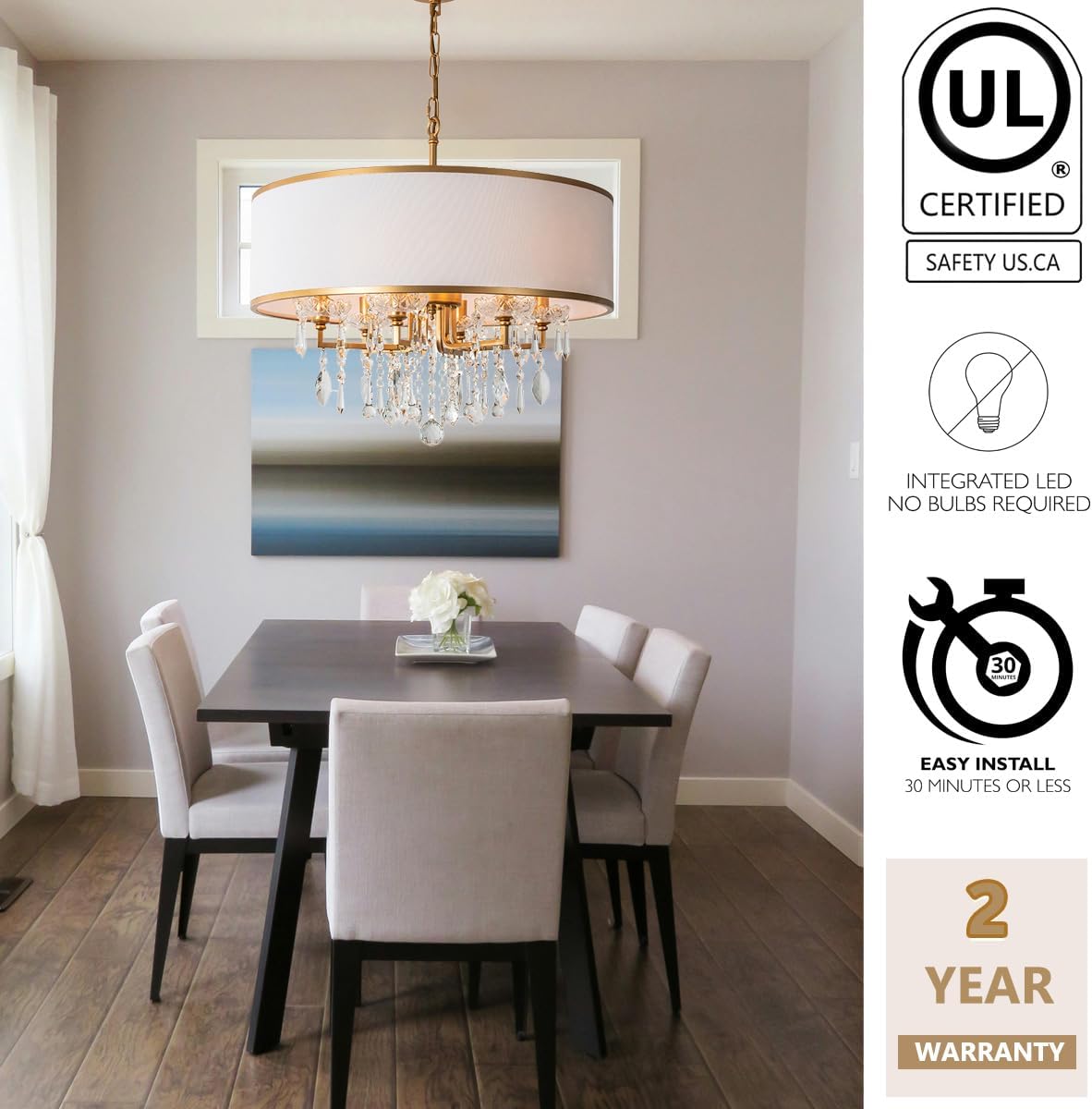 Bofea-Gold Crystal Chandelier,4-Lights Drum Pendant Light Fixtures for Dining Room,Round White Chandelier with Dual Layer Fabric Shade,Adjustable Height Hanging Light for Kitchen Island Living Room
