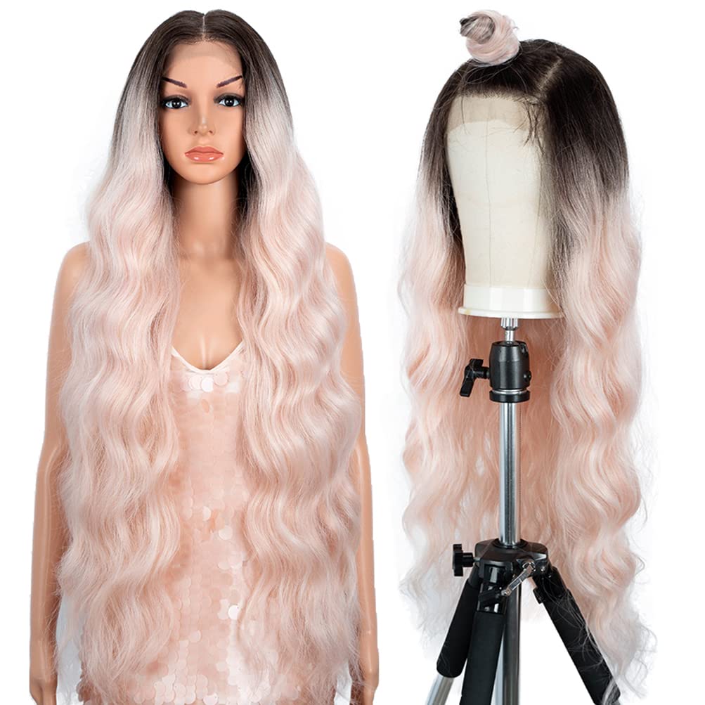 36" Easy-360 Lace Wigs 13X6 Free Part Lace Frontal Wigs Super Long Body Wave Wavy Wig Synthetic Ombre Pink Wig (36 Inches, TT6/PINK27)
