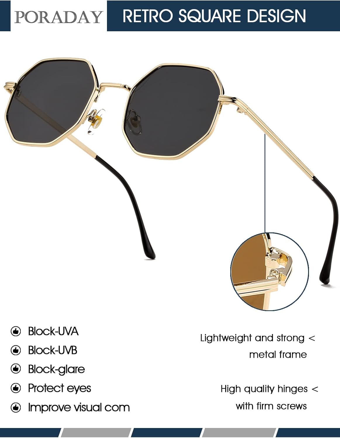 PORADAY Square Sunglasses for Women Men Retro Octagon Metal Sun Glasses Vintage Polygon Shades - Image 4