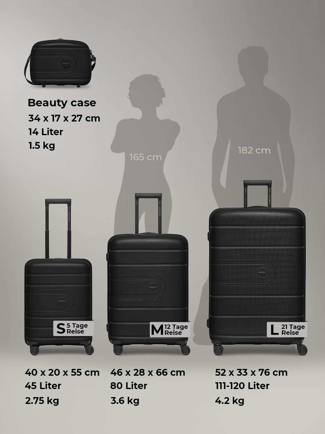 REDOLZ Essentials 11 + BC, czarny, Kofferset+ (3-teilig) erweiterbar, Walizka z twardą obudową z rolkami obrotowymi