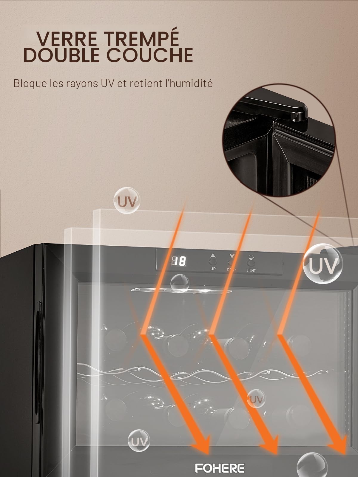 FOHERE Cave à vin 8 Bouteilles, Réfrigérateur à vin de Table 22 Litres LED, Porte en Verre, 8-18 °C