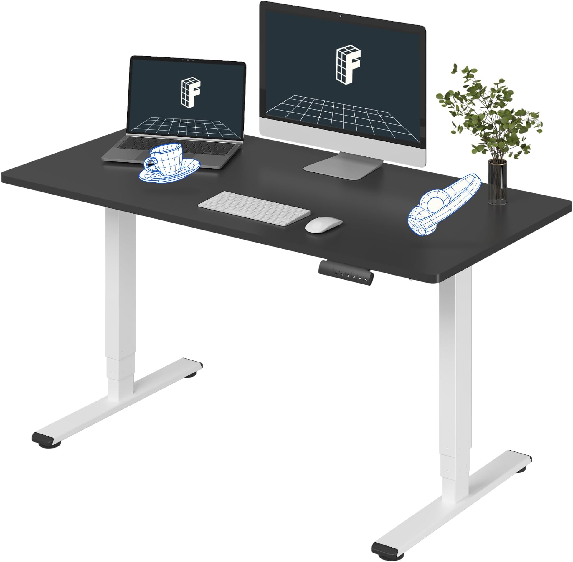 E6 3-Stage Dual Motor Electric Standing Desk 55 x 28 Sit Stand Up Desk, Holds 220 lbs, Adjustable Height w/Memory Presets, One-Piece Black Desktop & White Frame, Ships in 2 Boxes