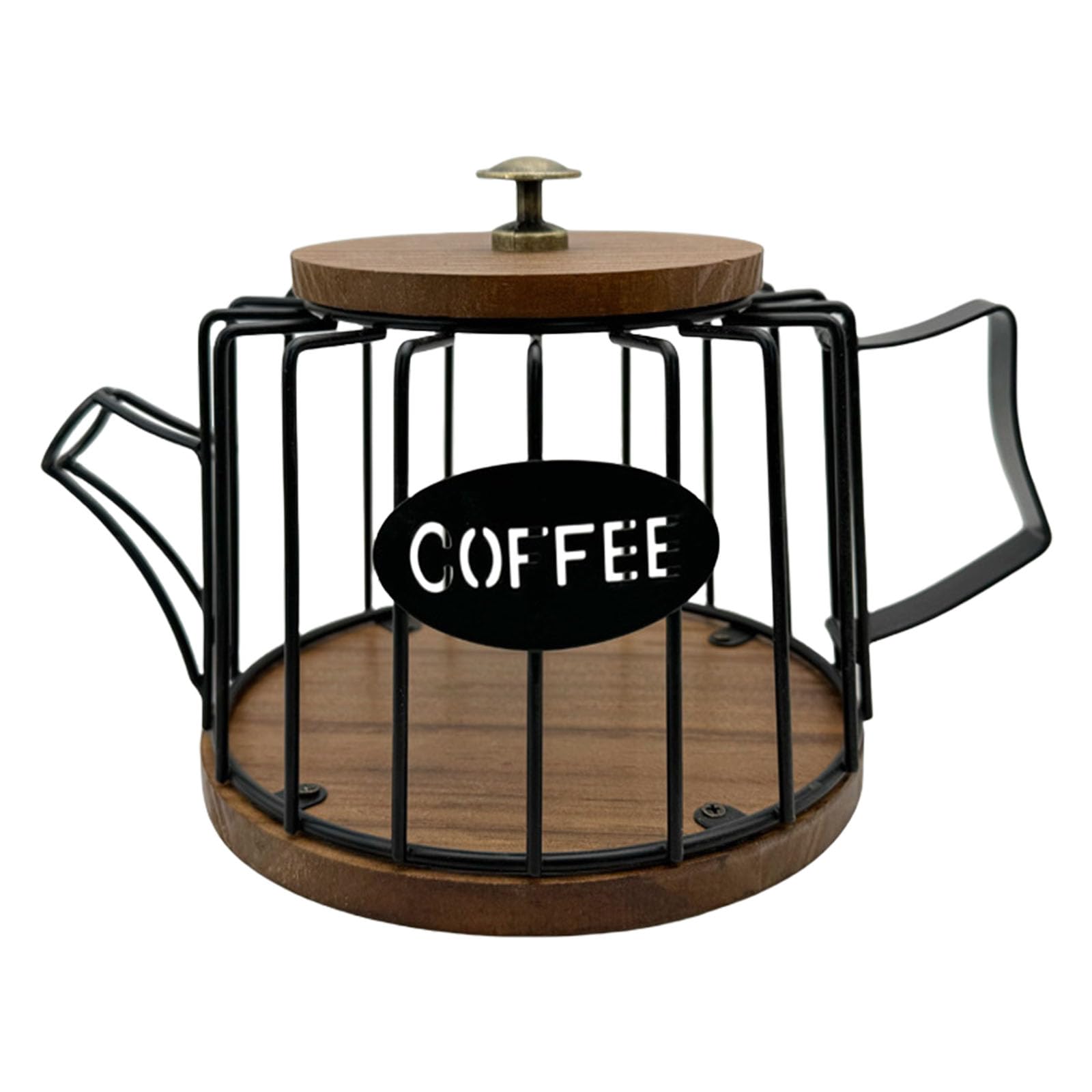 Kfwfuaee Black Large Coffee Pod Cup Organizer With Lid And Wooden Base Wire Cup Storage Container Espresso Pod Basket