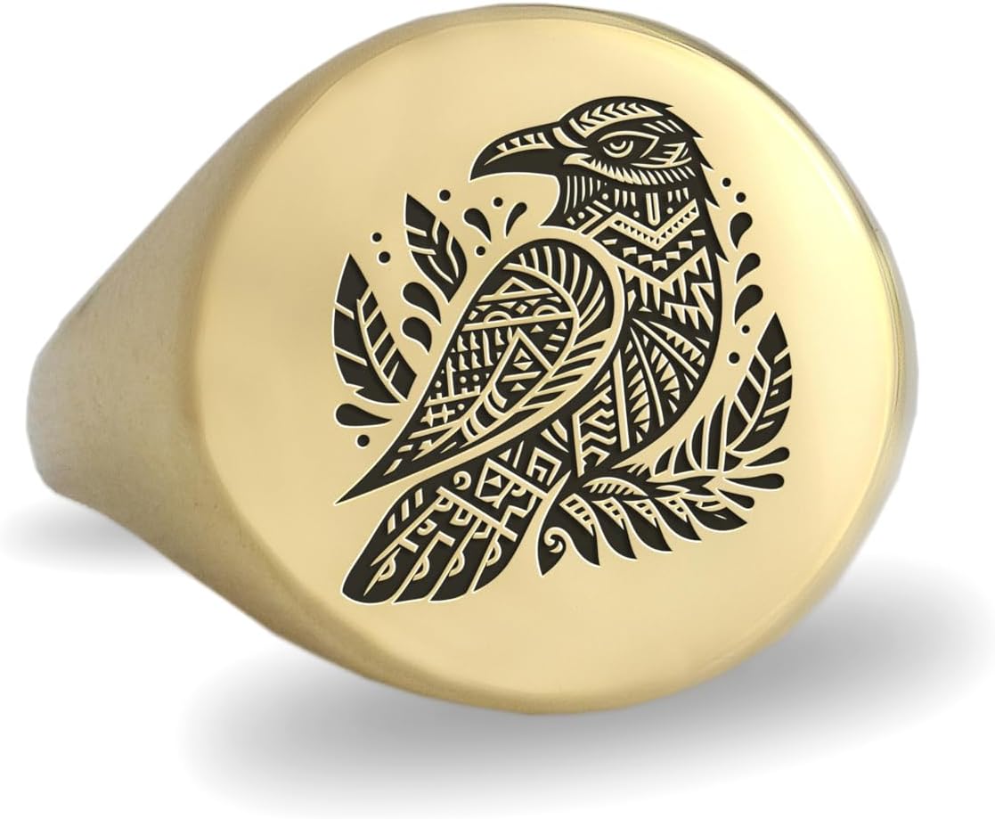 14k Gold Crow Signet Ring - Engraved Crow Design - Bold Statement Piece - Unisex Mystical Ring