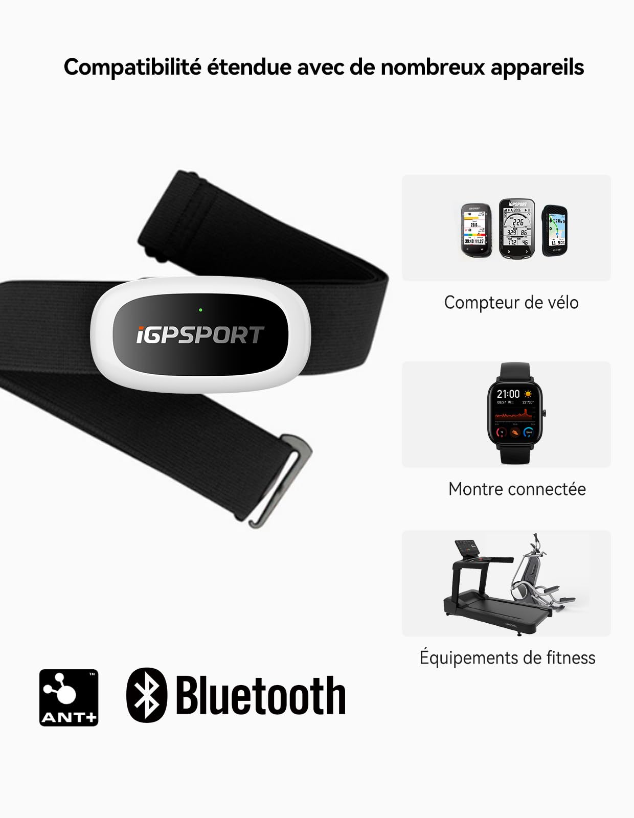 iGPSPORT HR50 Cardiofrequencemetre, Capteur HRM Étanchéité IPX7 Bluetooth Ant+ Autonomie 1 an, Ceinture Cardio pour Cyclisme, Course, Yoga